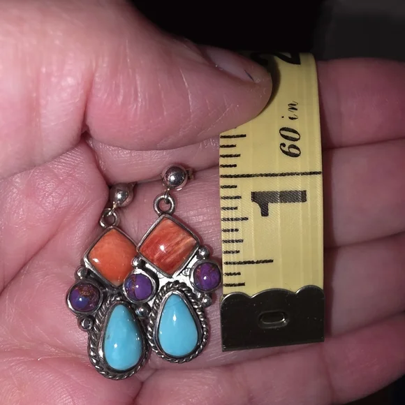 Navajo Native American Southwestern Sterling Silver Turquoise Cluster Earrings - Picture 7 of 13